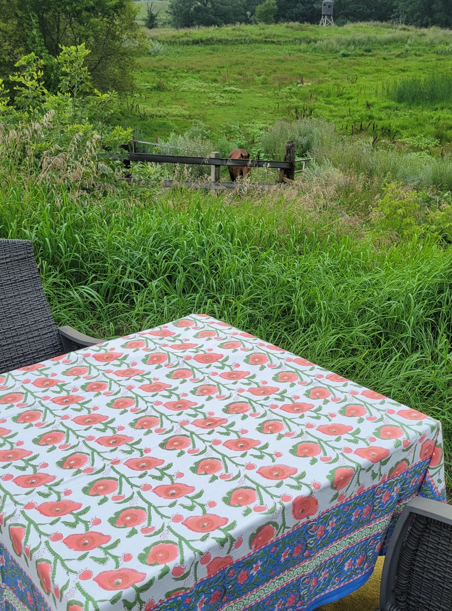 Poppy Block Print Tablecloth 90 X 60 Inches