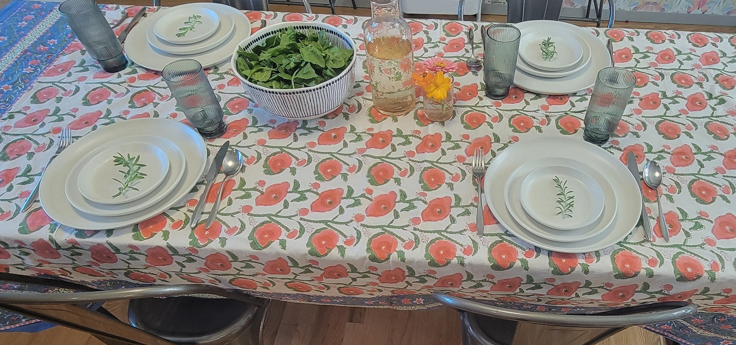 Poppy Block Print Tablecloth 90 X 60 Inches