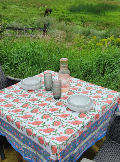 Poppy Block Print Tablecloth 90 X 60 Inches