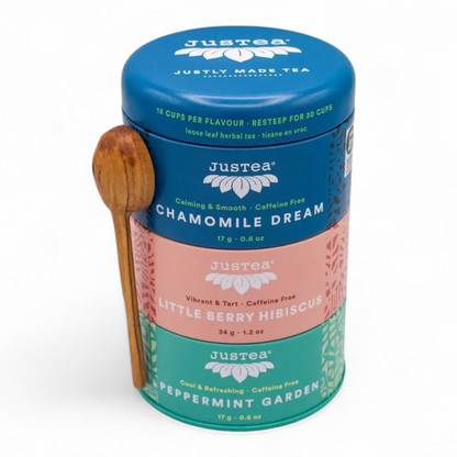 JusTea  Herbal Tea Trio Tin & Spoon - Organic, Fair-Trade Tea Gift