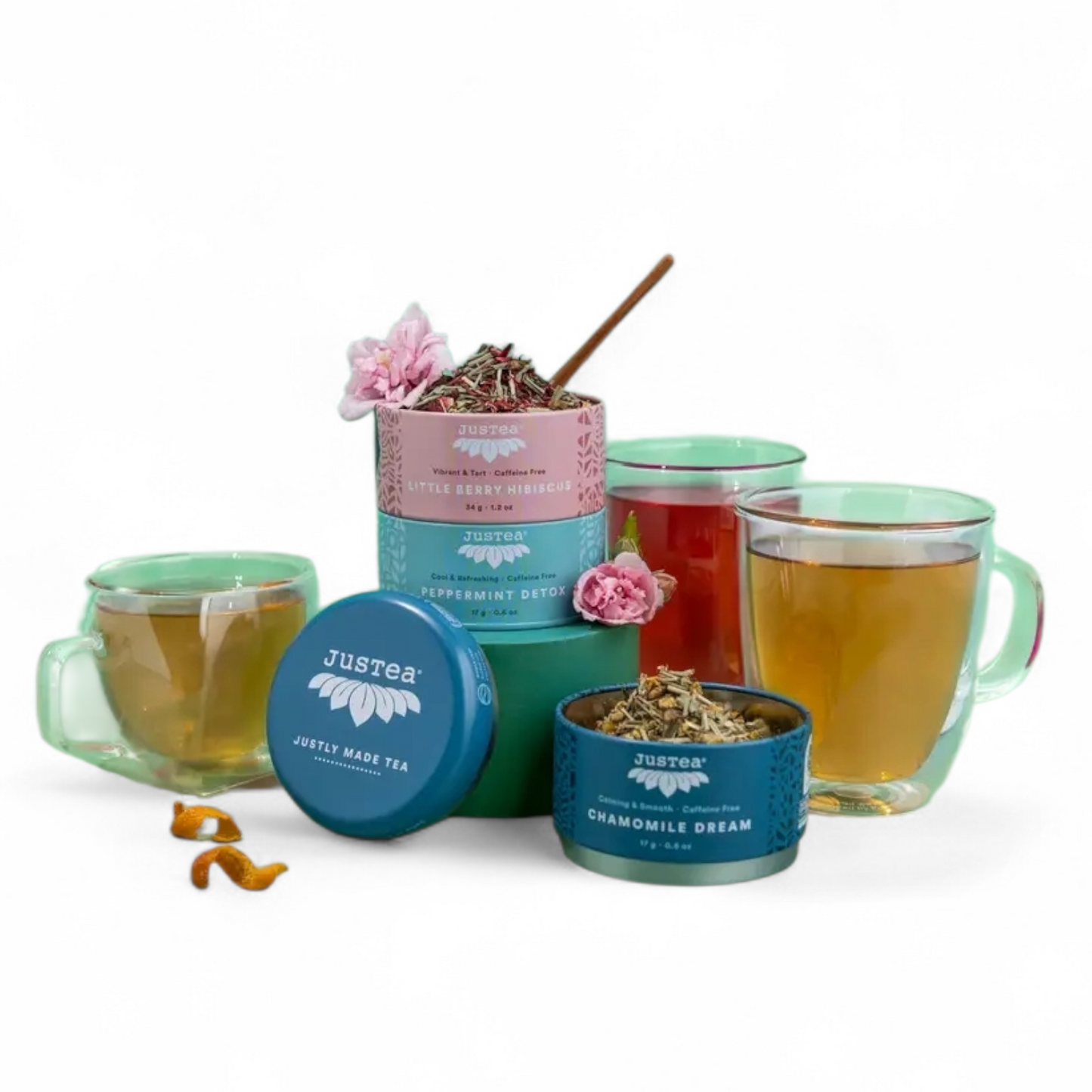 JusTea  Herbal Tea Trio Tin & Spoon - Organic, Fair-Trade Tea Gift