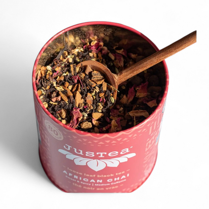JusTea African Chai Tin & Spoon - Organic, Fair-Trade, Black Tea