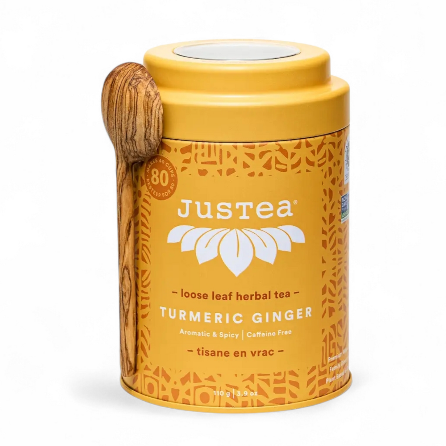 JusTea  Turmeric Ginger Tin & Spoon - Organic, Fair-Trade Herbal Tea