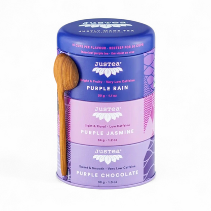 JusTea  Purple Tea Trio Tin & Spoon - Organic, Fair-Trade Tea Gift